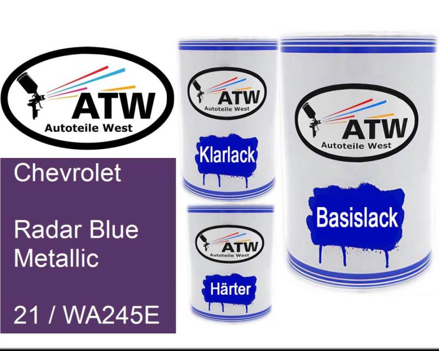 Chevrolet, Radar Blue Metallic, 21 / WA245E: 500ml Lackdose + 500ml Klarlack + 250ml Härter - Set, von ATW Autoteile West.